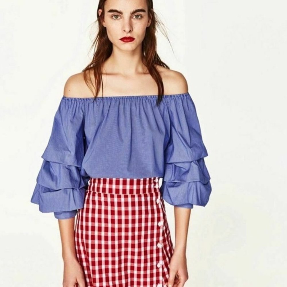 SOLD Zara Blue Striped Ruffle Sleeve Top Blouse M - Picture 1 of 14